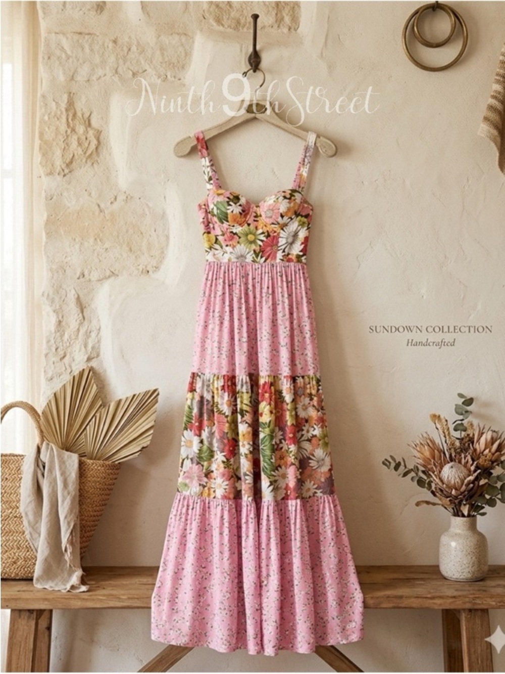 Agua Bendita Alani Java Maxi Dress Pink Bloom Large Underwire NWT